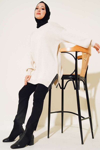 benguen 3009 Slit Chain Tasseled Knitwear Tunic Stone Χρώμα