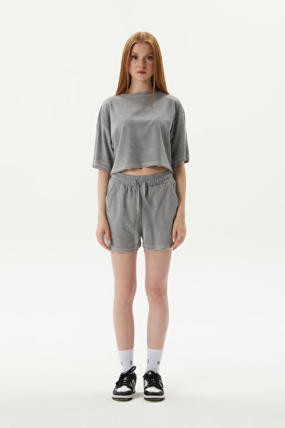 No1You Kadın Havlu Kumaş Alt Üst Gri Şortlu Takım