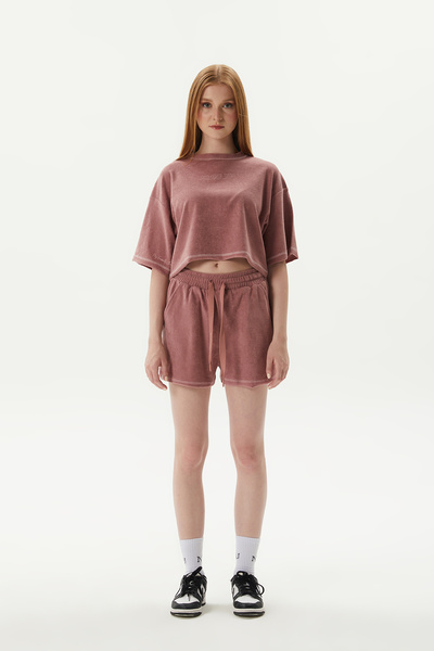 No1You Kadın Havlu Kumaş Alt Üst Gül Kurusu Şortlu Takım