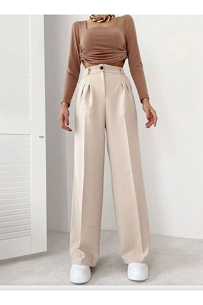 LAMİRAMOOD Palazzo Beige Loose Wide Leg Ψηλόμεσο Άνετο και κομψό παντελόνι μόδας