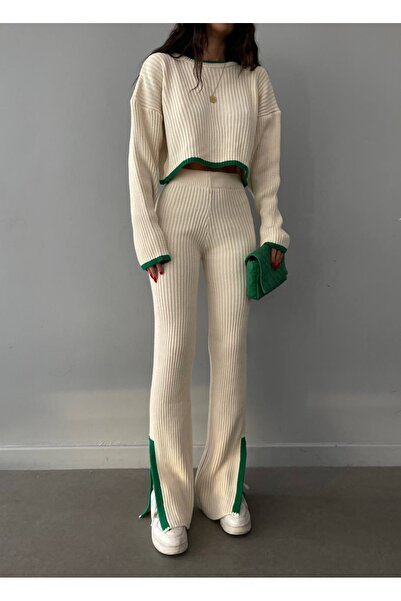 PİNK Κρέμα Χρώμα Ράψιμο Λεπτομέρειες Πλεκτό Crop Τοπ Παντελόνι Τρίκo Σετ Άνω-Κάτω