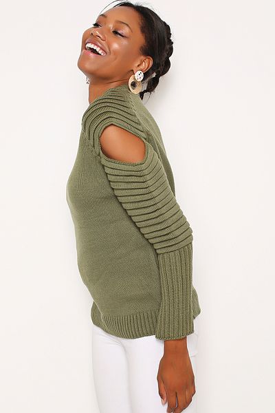 AVORWE Jacquard Knitted Sleeve Slit Knitwear Sweater