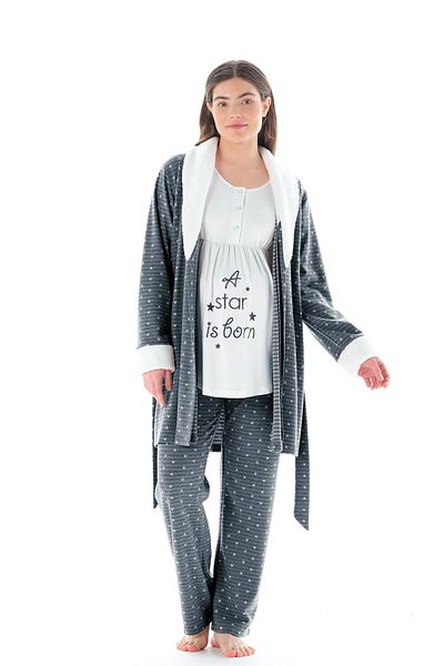 Feyza Women's Jacquard 3-Piece Maternity Anthracite Pajama Set C4T9N2O1