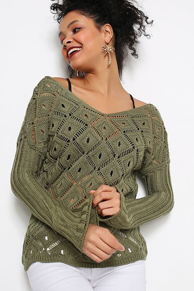 AVORWE Front Back V Neck Graphic Openwork Seasonal Knitwear Sweater