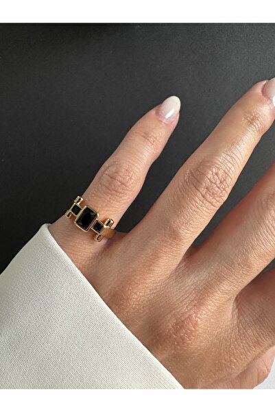 ringbox Gold Siyah Taşlı Dörtgen Model Serçe Parmak Yüzüğü