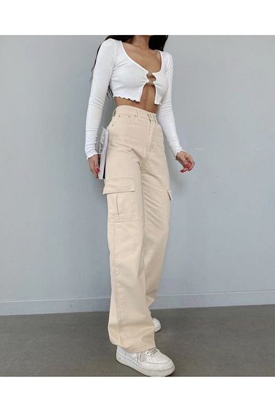 LİMABEL Women Beige High Waist Wide Leg Cargo Jeans Pants