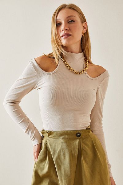 XHAN Beigefarbene, schulterfreie Camisole-Bluse 4KXK2-47656-25