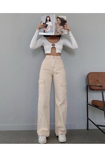 LİMABEL Women Beige High Waist Wide Leg Cargo Jeans Pants