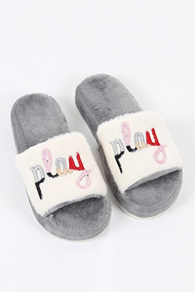 Butik Lena GRİ NAKIŞLI PELUŞ EV TERLİĞİ