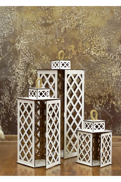 NET Dekoratif 3lü Ahşap Fener Mumluk Beyaz