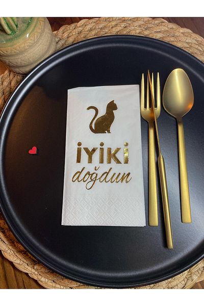 kidspartim Χρυσή επιχρυσωμένη λευκή γάτα Καλή γενέθλια σερβιτόρα διπλωμένη χαρτοπετσέτα 16 τμχ