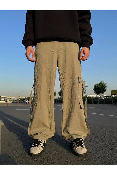 Gofeel Y2k Cream Strap Λεπτομερές Oversize Baggy Tech Παντελόνι THESOLO