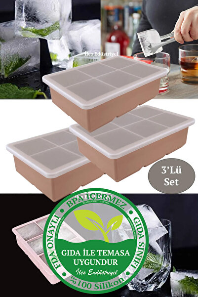 Gurme Chef Silikon Büyük Boy Xxl 6'lı Küp Buz Kalıbı, Kapaklı, Powder 3 Adet