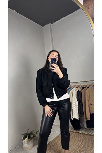 Muaz KADIN SİYAH KAŞE BOMBER CEKET