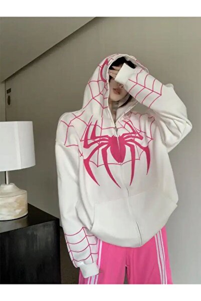 Gofeel Y2k Tech White Spider Web Pink Detail Oversize Cardigan Gofeel