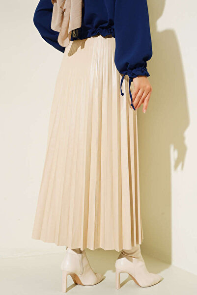 VOLT CLOTHİNG Kadın Piliseli Deri Görünüm Etek