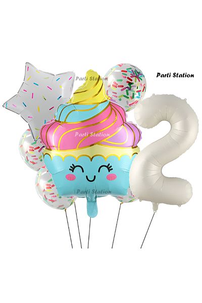 Parti Station Ice Cream Cupcake and Balloons Set for 2 Years Old Birthday - Chef Theme Silm Cream