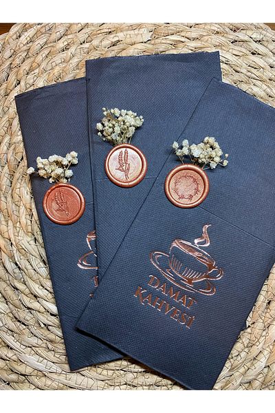 kidspartim Rose Gold Black Sealed Flower Patterned Groom Brown - Pocketed Napkin