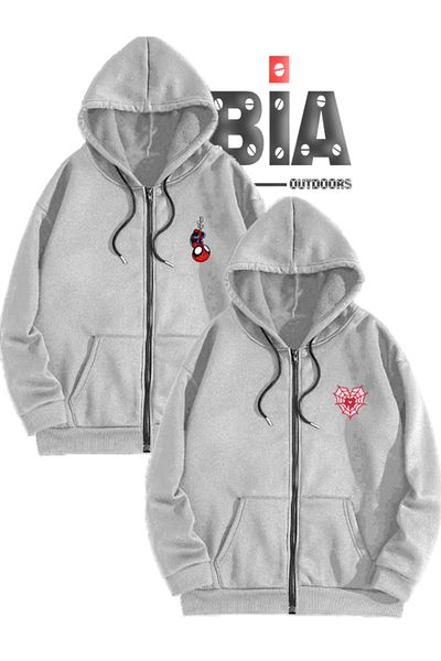 Jobia Outdoors Spiderman Web Heart με φερμουάρ Φούτερ με κουκούλα Fleece Jacket Lover Σετ 2 Ζακέτα