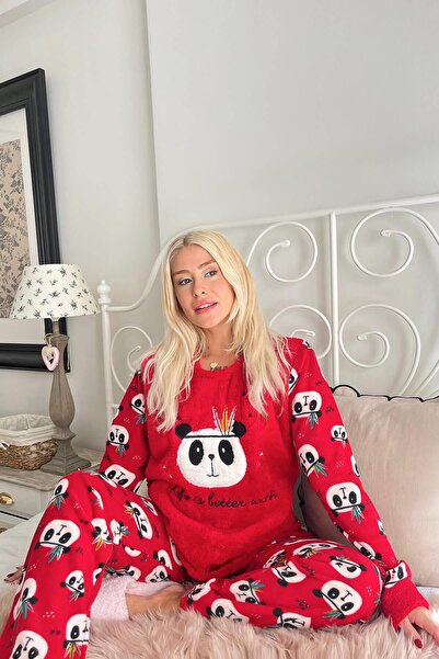 Pijamaevi Kırmızı Life Panda Desenli Kadın Peluş Pijama Takımı