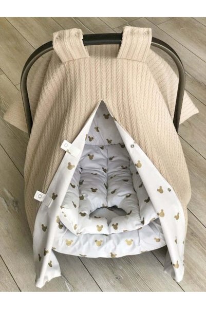 DERİN BOUTİQUES Beige Knitted Gold Mickey Poplin 3-Piece Stroller Set