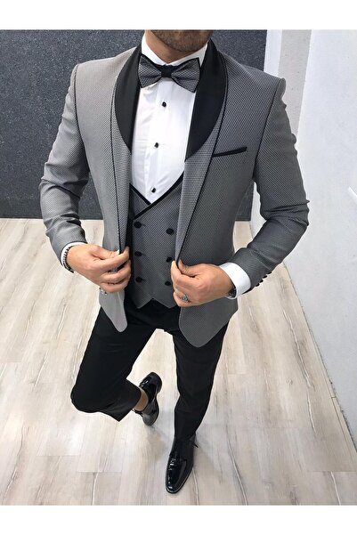 LONATOLİA Erkek Slim Fit Smokin Damatlık Ceket Yelek Pantolon Papyon-Gri