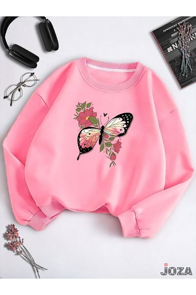 Joza Outdoors Unisex Γυναικεία Ανδρικά φούτερ με 3 νήματα Basic Crew Neck Butterfly Flower με στάμπα ροζ ροζ φλις φούτερ
