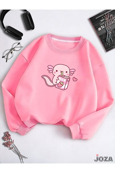 Joza Outdoors Unisex Γυναικεία Ανδρικά φούτερ με 3 νήματα Basic Crew Neck Axolotl Milk με ροζ ανασηκωμένο φλις φούτερ