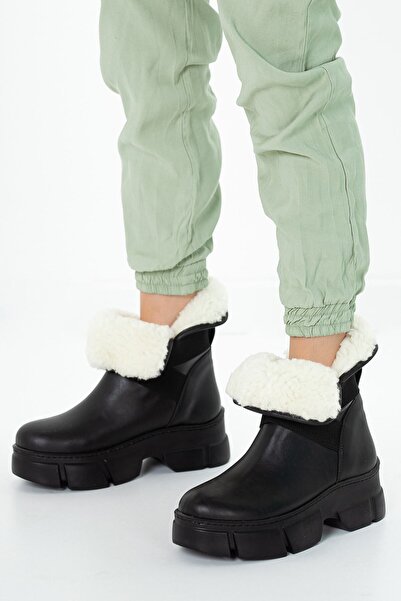 LULO Kadın Içi Kürklü Bilekten Lastikli Spor Kalın Tabanlı Şık Kışlık Bot Postal