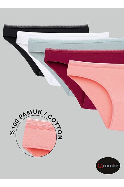 Ramior Pack of 5 Lace Decorated Bikini Panties Black, Burgundy, Mint Green, Powder, White