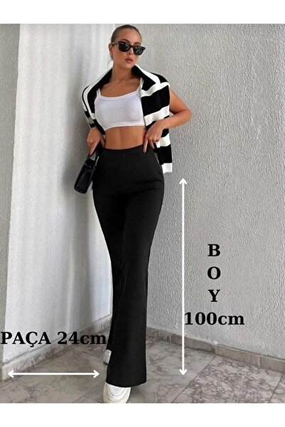 byhaziran butik High Waist Corded Women's Leggings - Black Flared Leg S