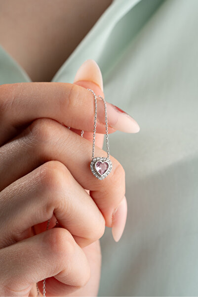 Nereze 925 Ayar Gümüş Rodyum Kaplama Pembe Taşlı Kalp Kolye