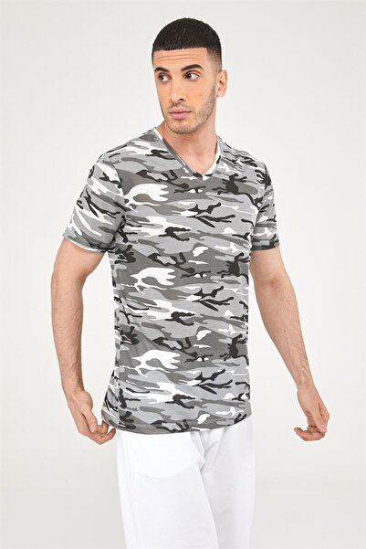 Seamoda Camouflage Pattern V-Neck Long Length Men's Tshirt-GRAY