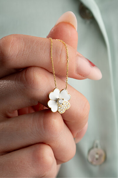 Nereze 925 Ayar Gümüş Beyaz Mineli Yonca Tektaş Kolye