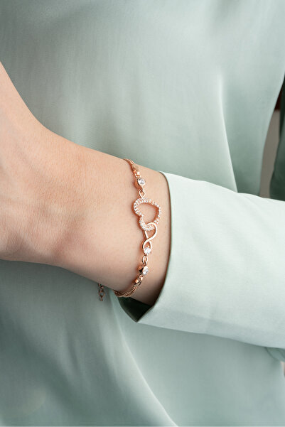 Nereze 925 Ayar Gümüş Rose Tektaş Sonsuzluk Kalp Bileklik