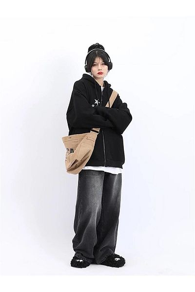 Gofeel Unisex Y2k Tech Stars Printed - Μαύρη ζακέτα με κουκούλα Gofeel
