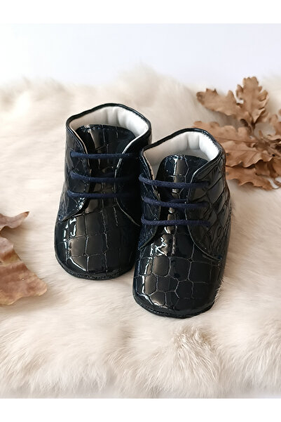 Hodore Printed Navy Blue Genuine Leather Baby Booties