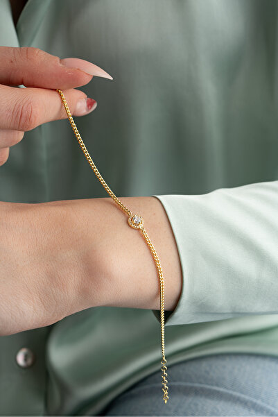 Nereze 925 Ayar Gümüş Gold Gurmet Zincirli Elmas Montür Tektaş Bileklik