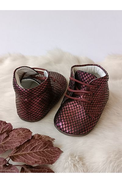 Hodore Burgundy Printed Genuine Leather Baby Booties