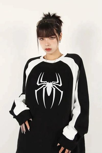 Gofeel Y2k Tech Μαύρο Λευκό Λεπτομέρεια Spider Hooded Sweatshirt Gofeel