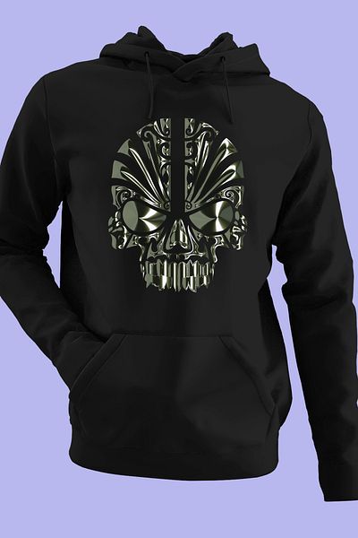 Raf Coll Hanorac negru supradimensionat unisex cu glugă, cu design cu craniu, cu lână interioară