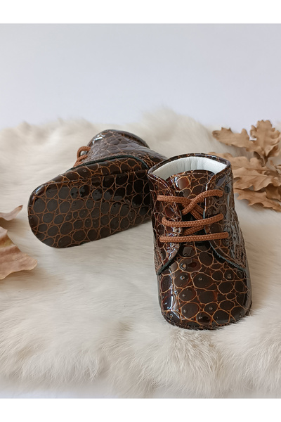 Hodore Printed Brown Genuine Leather Baby Booties