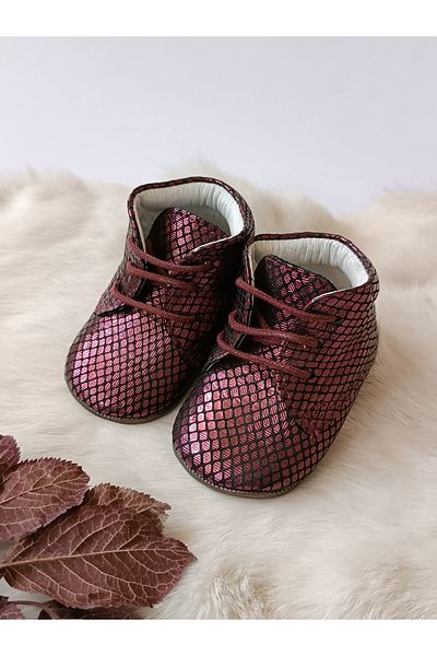 Hodore Burgundy Printed Genuine Leather Baby Booties