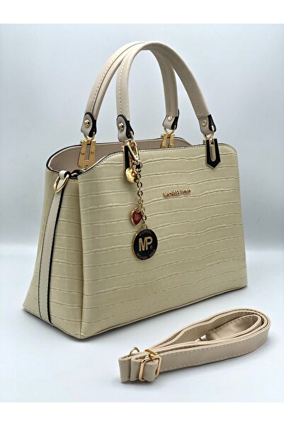mıchael polo Women's Hand and Shoulder Bag - 5 Compartments, Croco Detail, Cream
