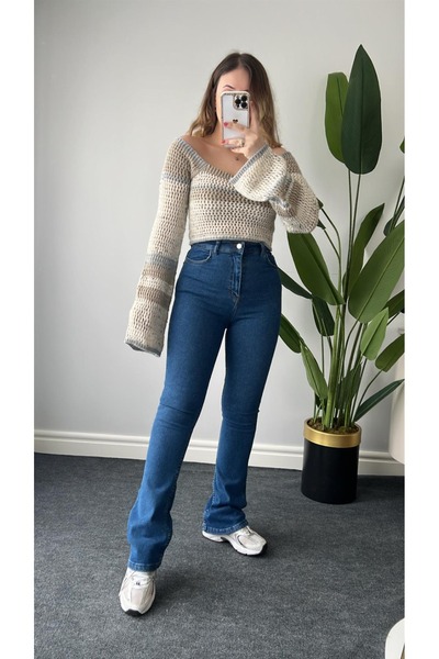 TugsatTasarTekstil Volt Blue Extra Visok struk Zvonaste nogavice Flare Jean Ž...