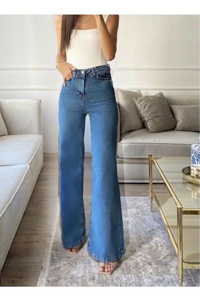 TugsatTasarTekstil Blugi de damă Ivan, albaștri, cu talie înaltă, Palazzo Wide Leg Jean