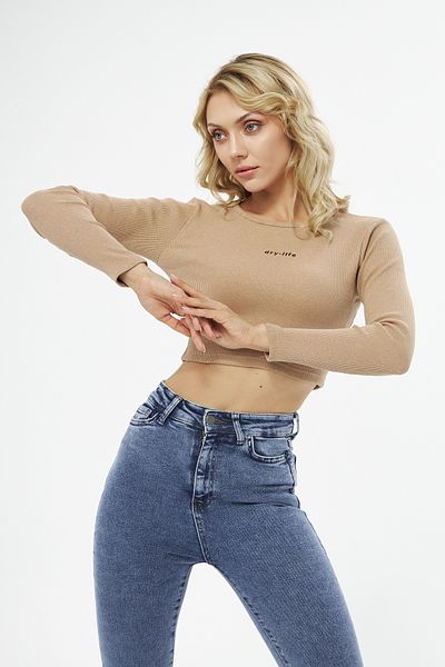 DryMod Γυναικεία Crop Μπλούζα με ραβδώσεις - Crew Neck, Μακρυμάνικο