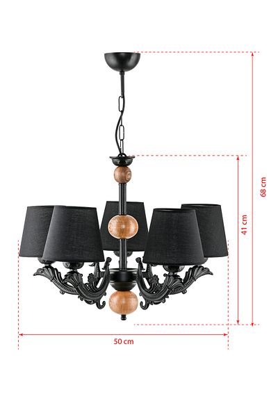 DEDE FIVE-ARMED WOODEN BLACK SAVA ZAMAK CHANDELIER WITH BLACK HAT