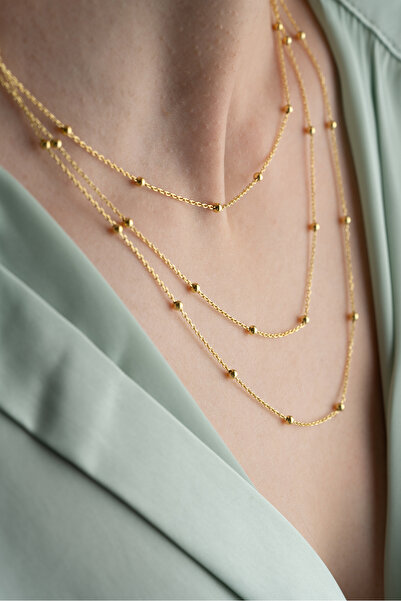 Nereze 925 Ayar Gümüş Gold Kaplama 3 Sıra Minik Dorika Toplu Kolye