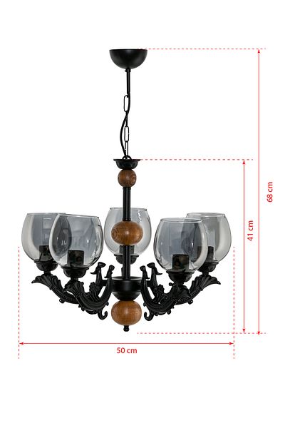 DEDE FIVE-ARMED WOODEN BLACK SAVA ZAMAK CHANDELIER WITH SMOKED GLASS